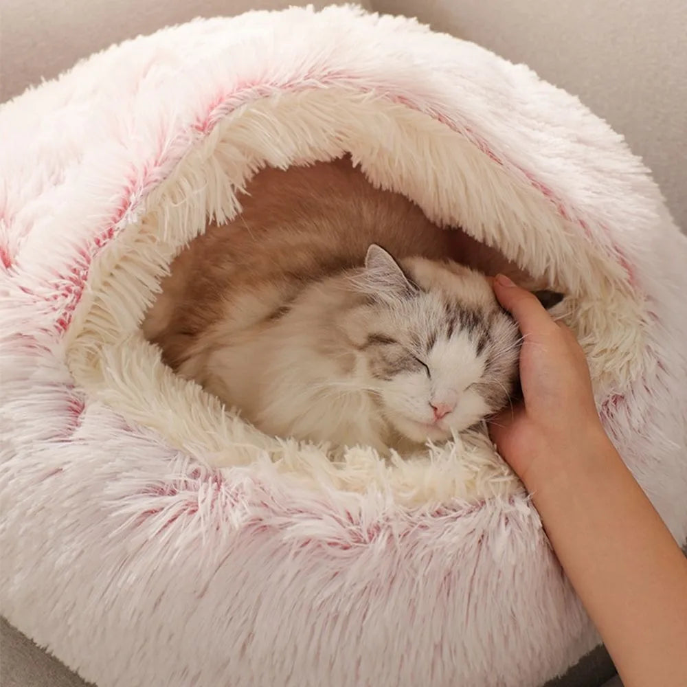 Warm Long Plush Pet Bed Enclosed Round