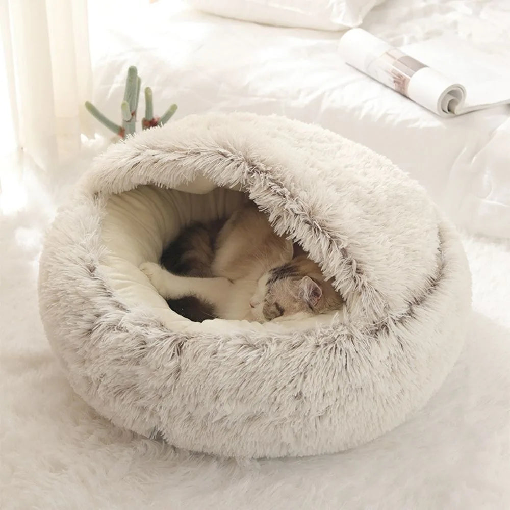 Warm Long Plush Pet Bed Enclosed Round