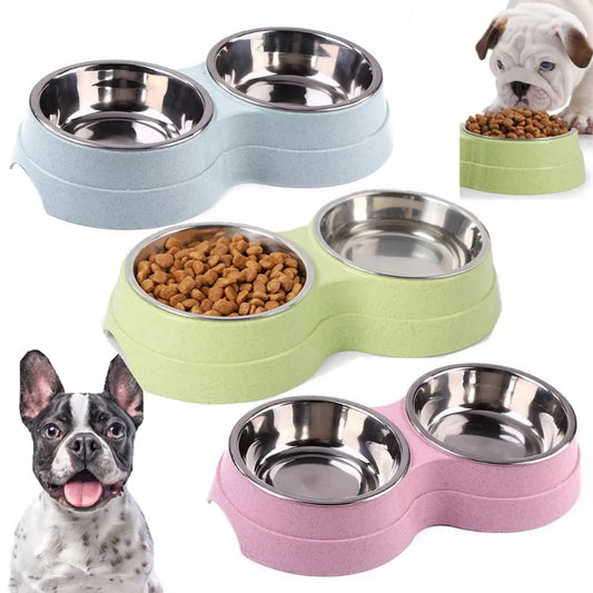 Double Pet Bowls Dog Food Water Feeder Stainless